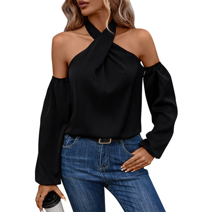 Solid Halter Neck Blouse with Twisted Front and Off-Shoulder