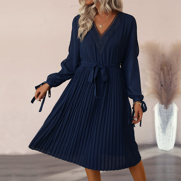 Solid Pleated Midi Dress with Lace V-Neck and Self-Tie Belt