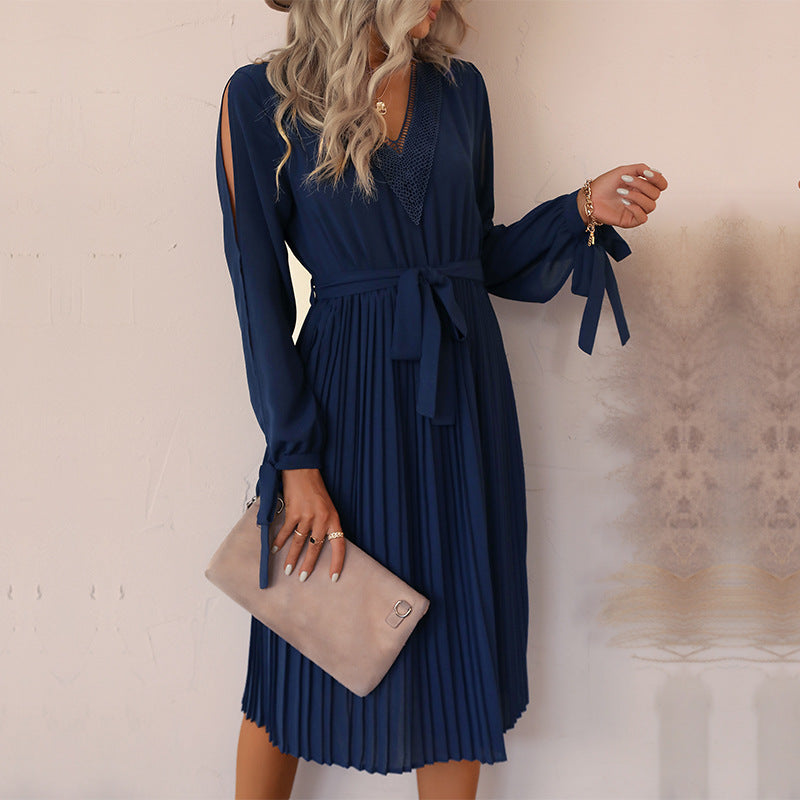 Solid Pleated Midi Dress with Lace V-Neck and Self-Tie Belt