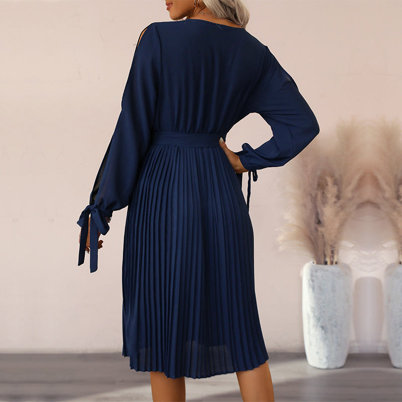Solid Pleated Midi Dress with Lace V-Neck and Self-Tie Belt