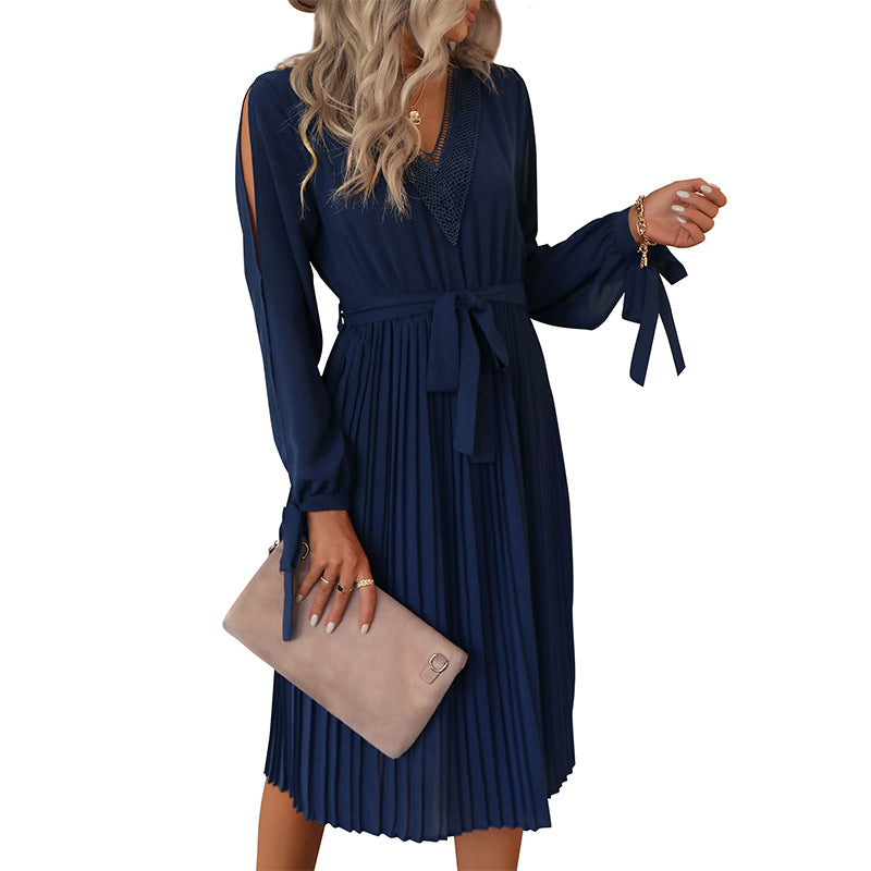 Solid Pleated Midi Dress with Lace V-Neck and Self-Tie Belt