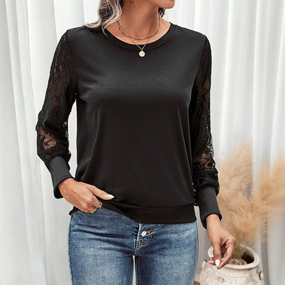 Solid Crewneck Top with Lace Patchwork Sleeves