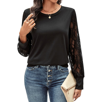 Solid Crewneck Top with Lace Patchwork Sleeves