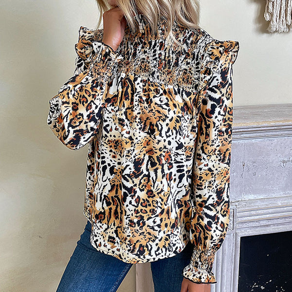 Leopard Print Long Sleeve Blouse with Smocked Yoke and Ruffles