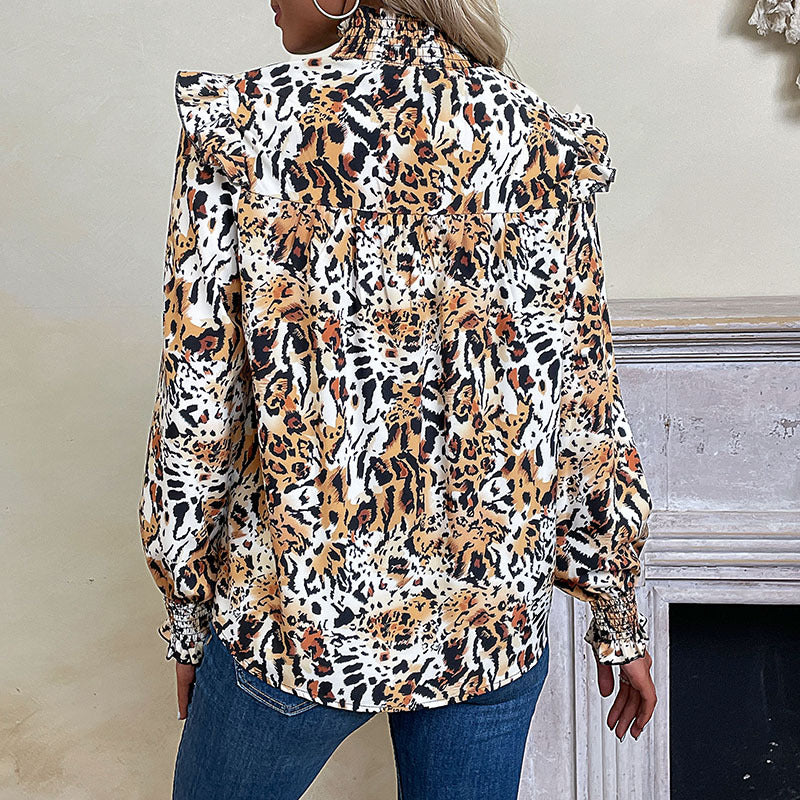 Leopard Print Long Sleeve Blouse with Smocked Yoke and Ruffles