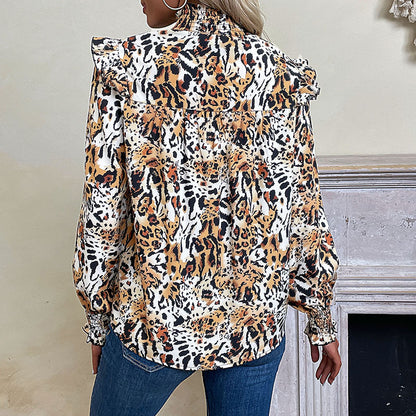 Leopard Print Long Sleeve Blouse with Smocked Yoke and Ruffles