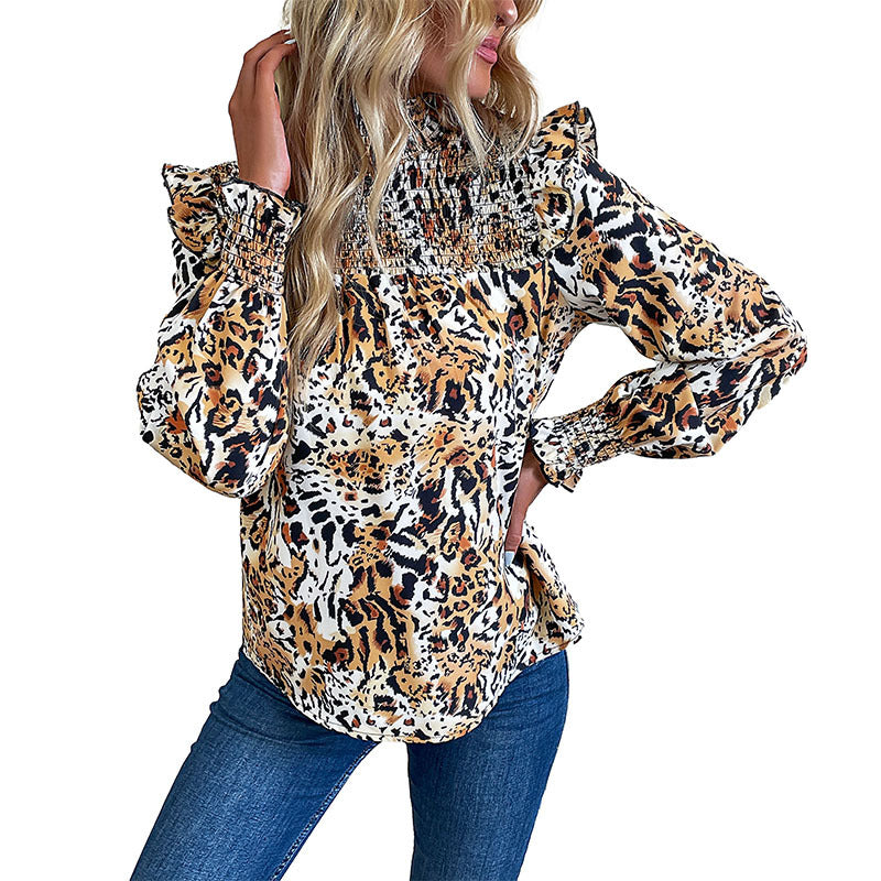 Leopard Print Long Sleeve Blouse with Smocked Yoke and Ruffles