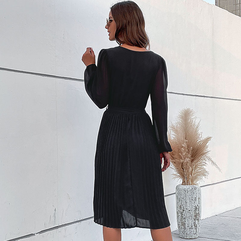 Solid Wrap Midi Dress with Pleated Skirt and Tie-Waist