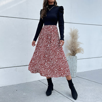 Spliced A-Line Midi Dress with Puff Sleeves