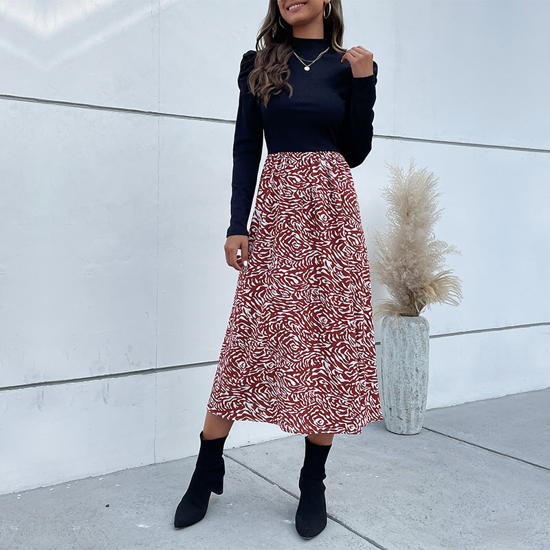 Spliced A-Line Midi Dress with Puff Sleeves