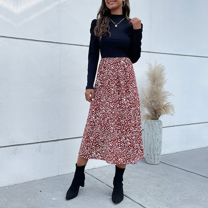 Spliced A-Line Midi Dress with Puff Sleeves