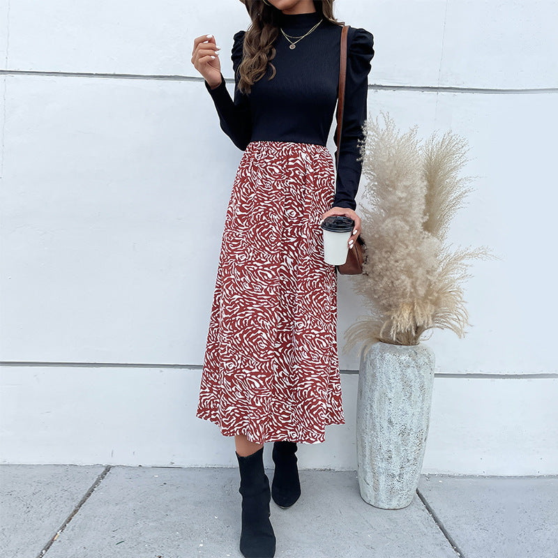 Spliced A-Line Midi Dress with Puff Sleeves