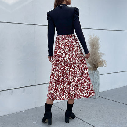 Spliced A-Line Midi Dress with Puff Sleeves
