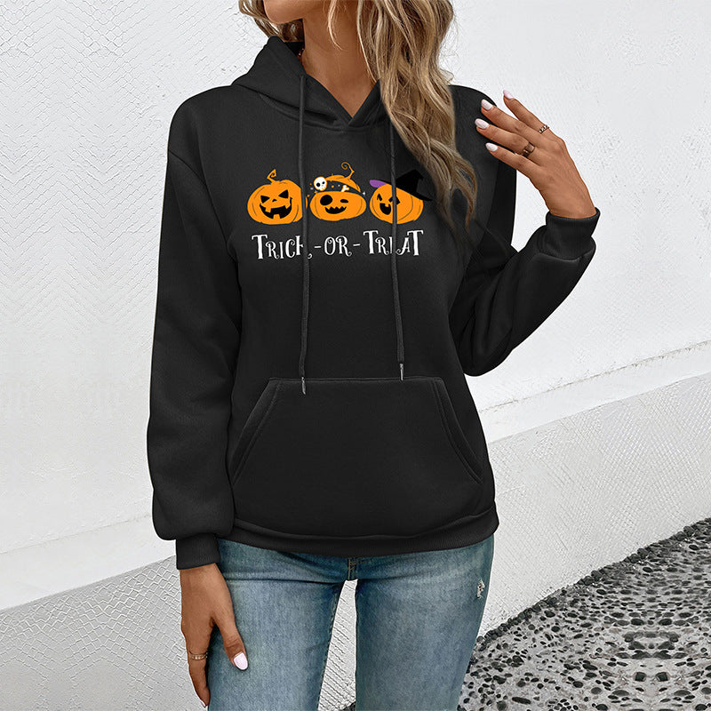 Loose Halloween Print Hoodie with Pouch Pocket