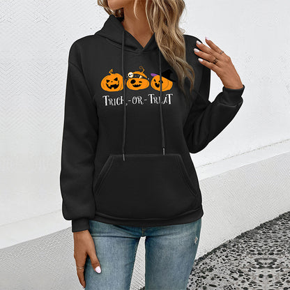 Loose Halloween Print Hoodie with Pouch Pocket