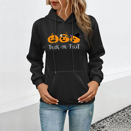 Loose Halloween Print Hoodie with Pouch Pocket
