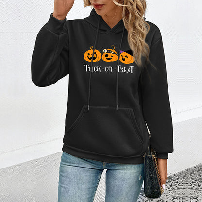 Loose Halloween Print Hoodie with Pouch Pocket