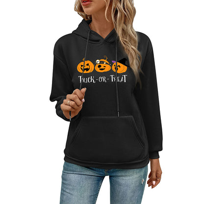 Loose Halloween Print Hoodie with Pouch Pocket