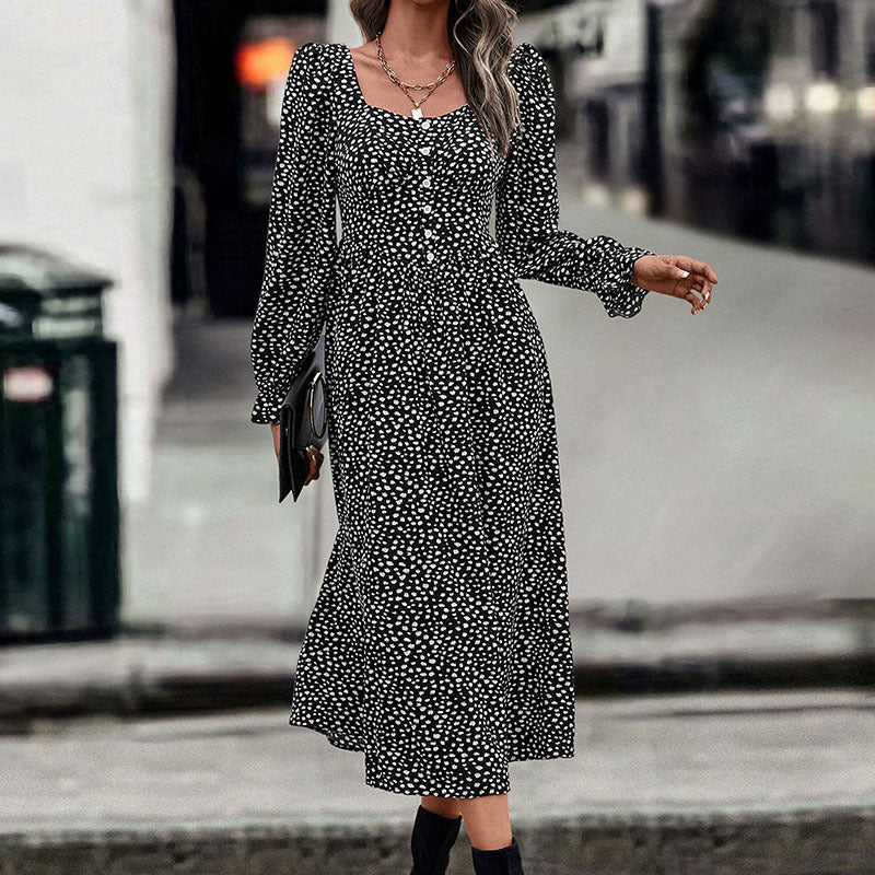 Polka Dot A-Line Midi Dress with Square Neck