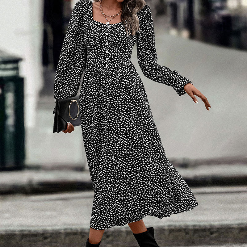 Polka Dot A-Line Midi Dress with Square Neck
