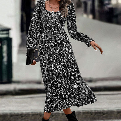 Polka Dot A-Line Midi Dress with Square Neck