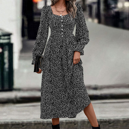 Polka Dot A-Line Midi Dress with Square Neck