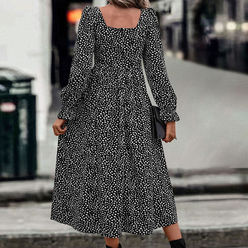 Polka Dot A-Line Midi Dress with Square Neck