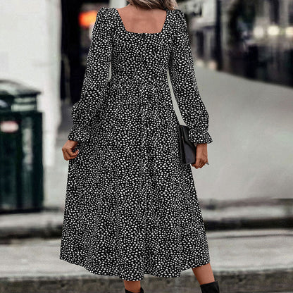 Polka Dot A-Line Midi Dress with Square Neck