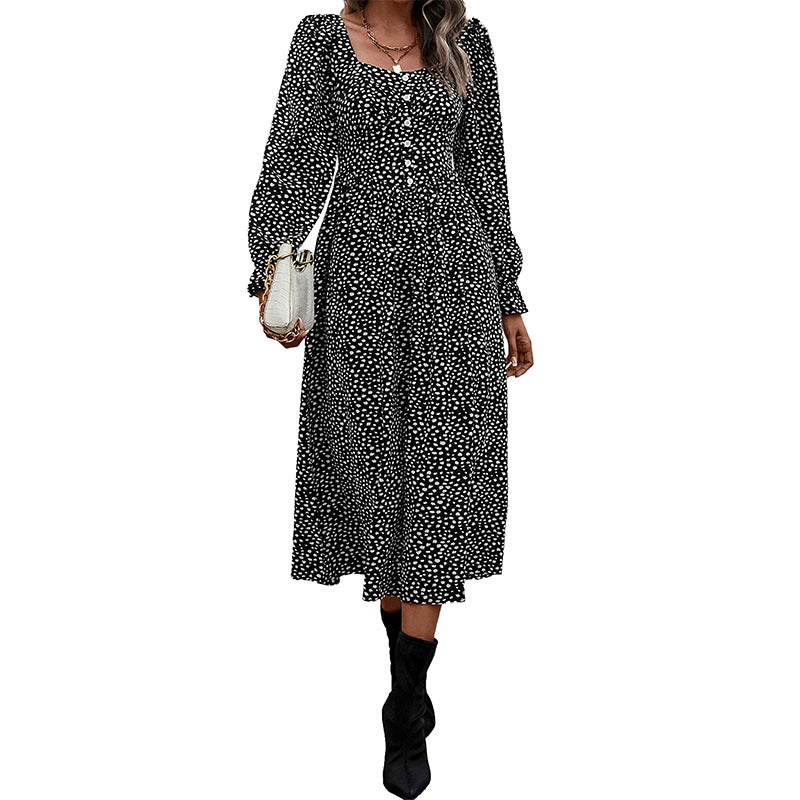 Polka Dot A-Line Midi Dress with Square Neck