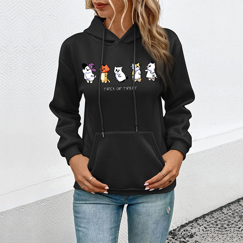 Halloween Cartoon Print Hoodie with Kangaroo Pocket