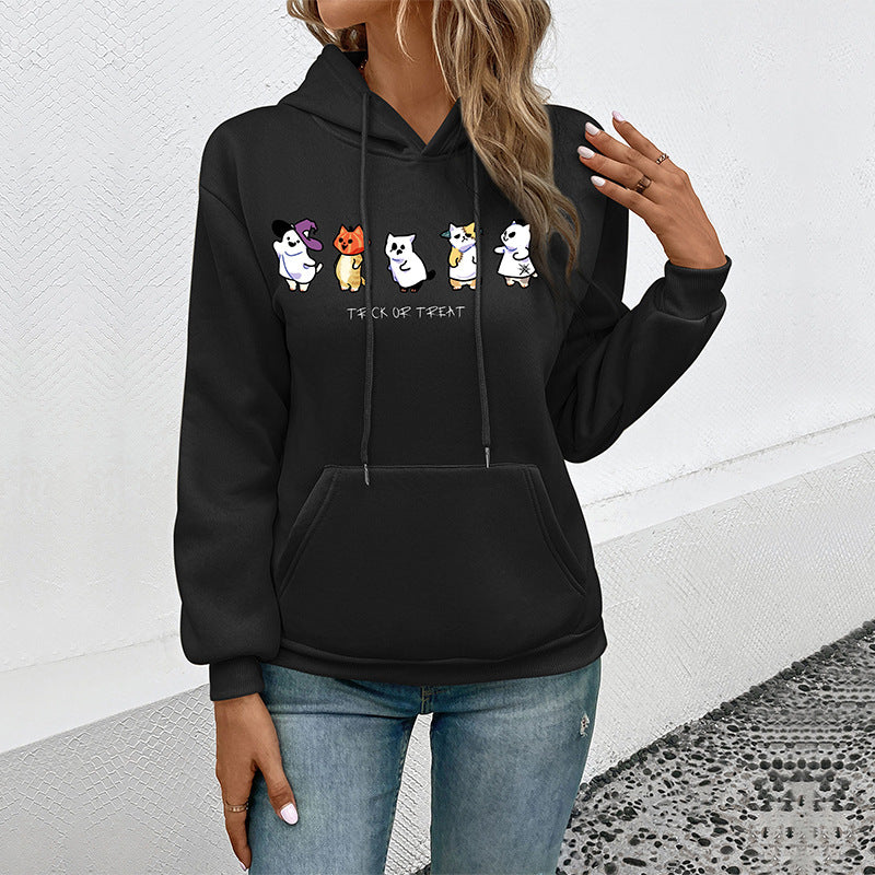 Halloween Cartoon Print Hoodie with Kangaroo Pocket