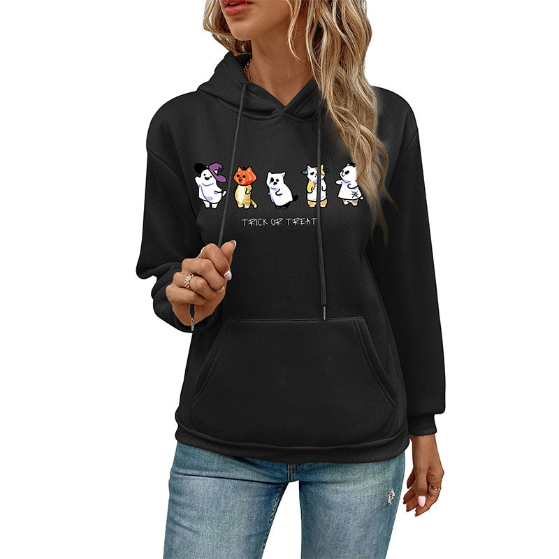 Halloween Cartoon Print Hoodie with Kangaroo Pocket
