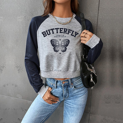 Raglan Cropped Sweatshirt with Butterfly Print