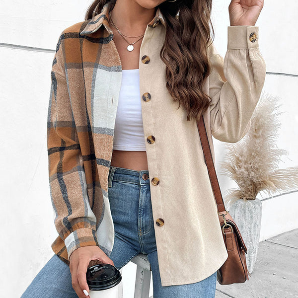 Color-Blocked Plaid and Corduroy Shacket