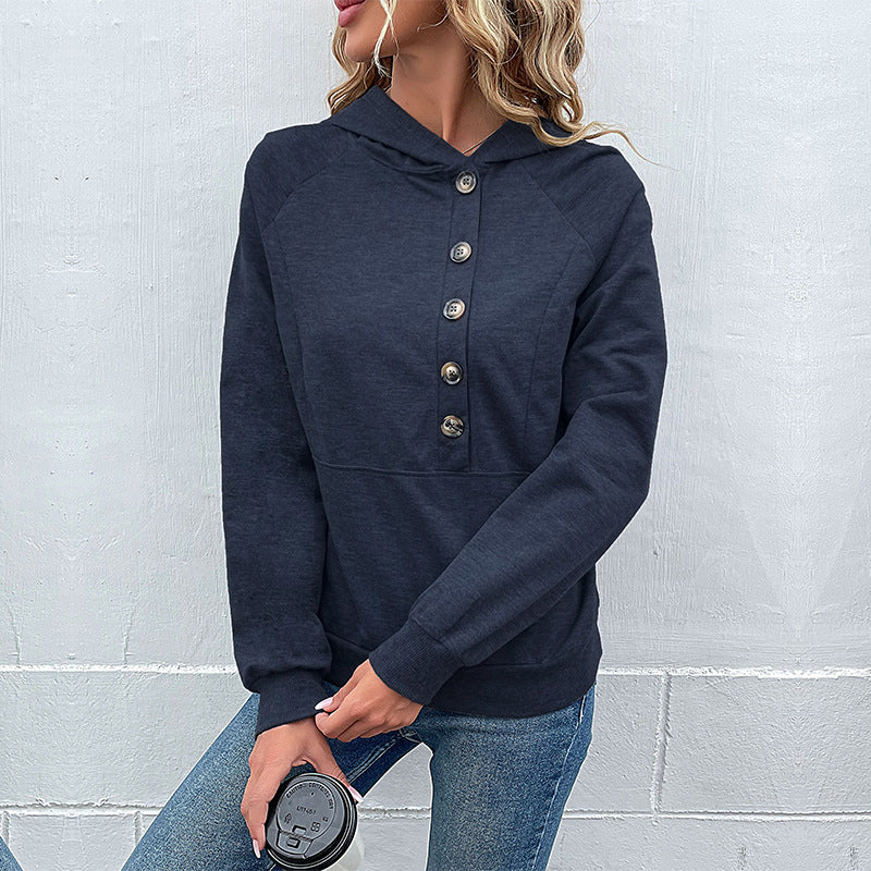 Loose Fit Pullover Hoodie with Henley Button Placket