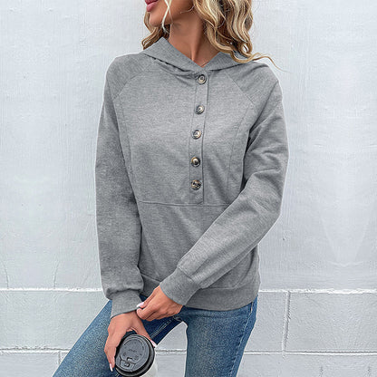 Loose Fit Pullover Hoodie with Henley Button Placket