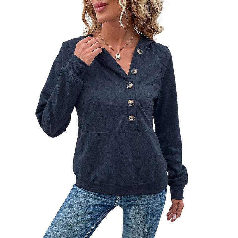 Loose Fit Pullover Hoodie with Henley Button Placket
