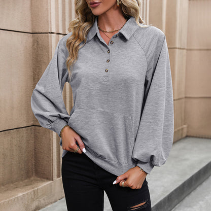 Solid Henley Sweatshirt with Lapel Collar and Lantern Sleeves