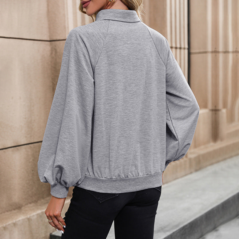 Solid Henley Sweatshirt with Lapel Collar and Lantern Sleeves