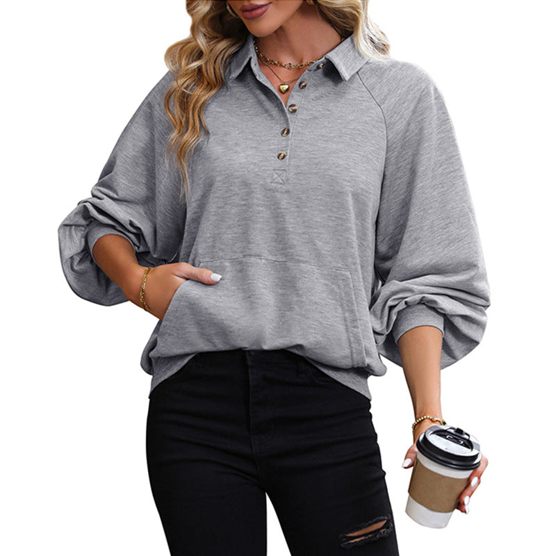 Solid Henley Sweatshirt with Lapel Collar and Lantern Sleeves
