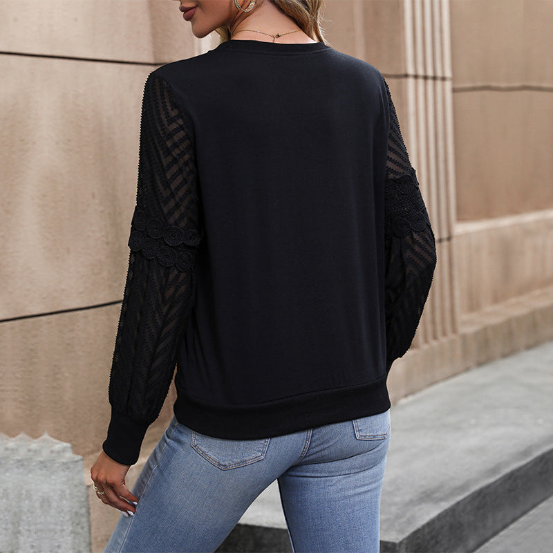 Solid Round Neck Top with Sheer Lace Patchwork Sleeves