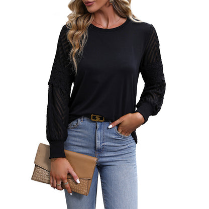 Solid Round Neck Top with Sheer Lace Patchwork Sleeves