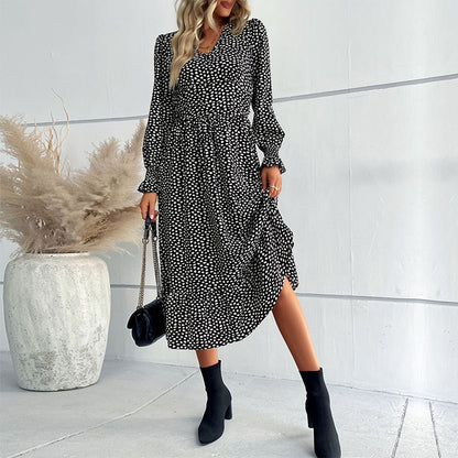 Ditsy Dot Print Midi Dress with V-Neck and Long Sleeves