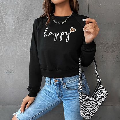 Cropped Sweatshirt with 'Happy' Letter & Leopard Heart Print