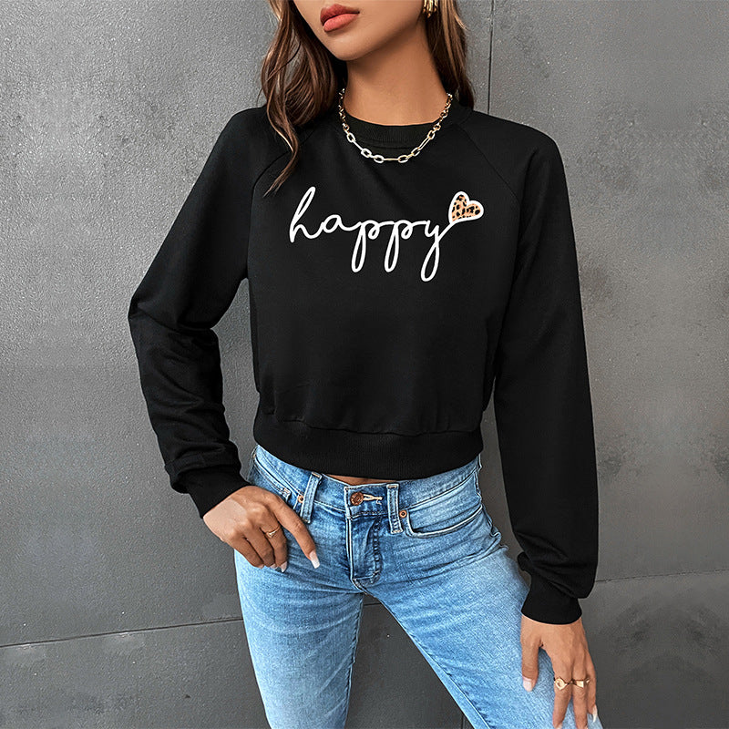 Cropped Sweatshirt with 'Happy' Letter & Leopard Heart Print