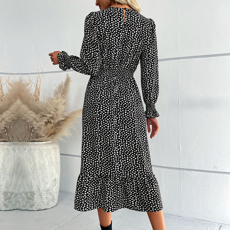 Ditsy Dot Print Midi Dress with V-Neck and Long Sleeves
