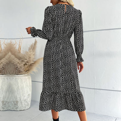 Ditsy Dot Print Midi Dress with V-Neck and Long Sleeves