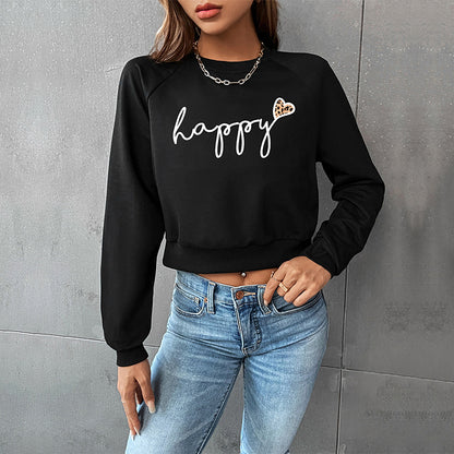 Cropped Sweatshirt with 'Happy' Letter & Leopard Heart Print