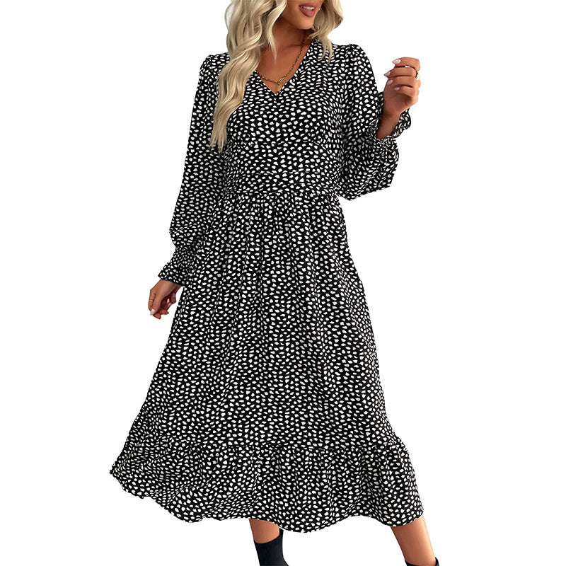 Ditsy Dot Print Midi Dress with V-Neck and Long Sleeves