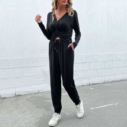 Solid Lounge Set with V-Neck Twisted Top & Drawstring Joggers